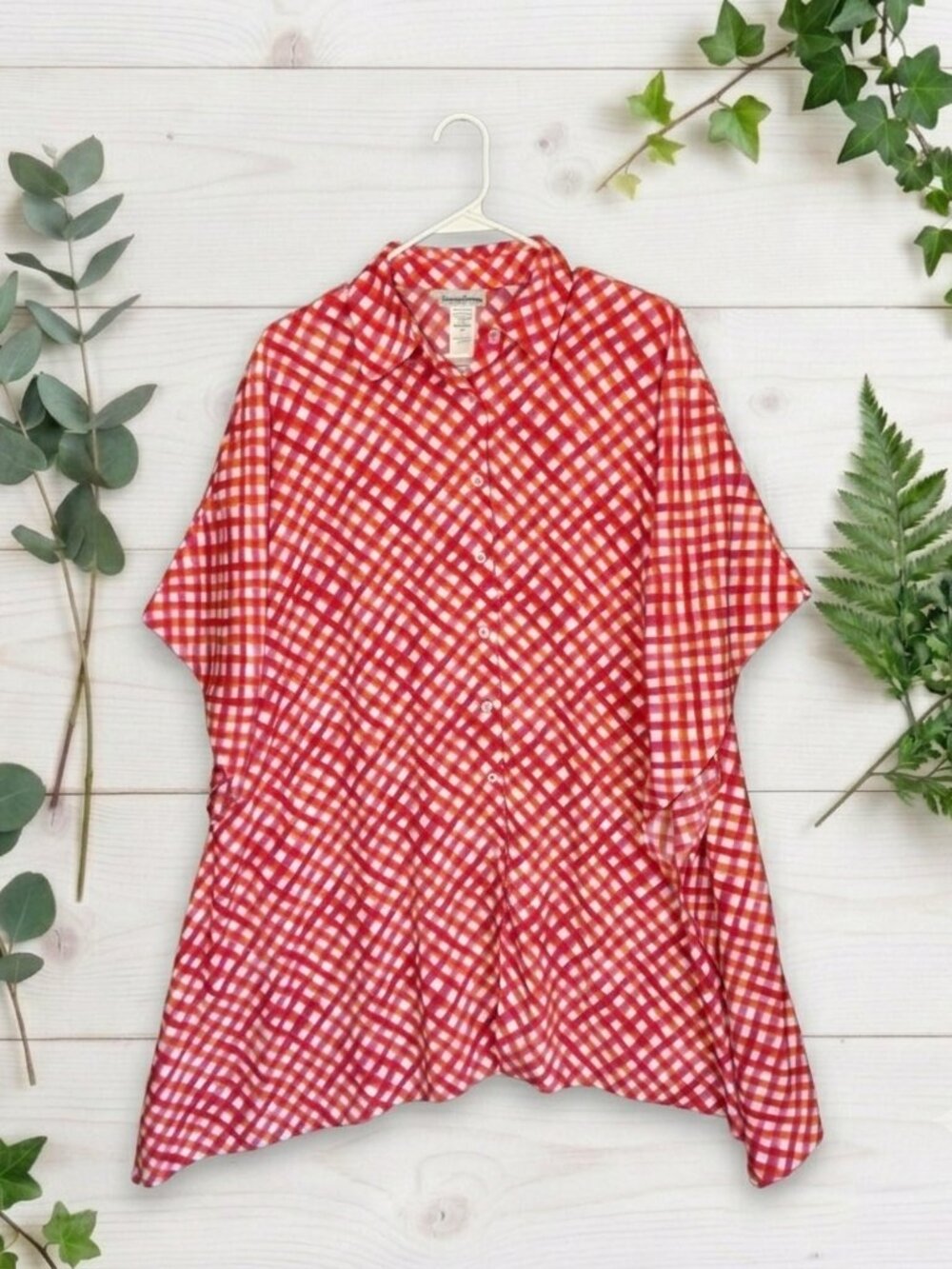 Tommy Bahama Orange Pink Plaid Gingham Tunic Dress Womens L XL Beach Cover Up